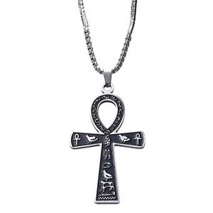Egyptian Ankh Pendant Necklace Hieroglyphic Engraved Silver Tone 24in Box Chain
